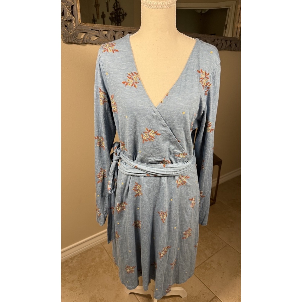Toad&Co Womens Large Blue Floral Wrap Dress Tencel Organic Cotton Long Sleeve